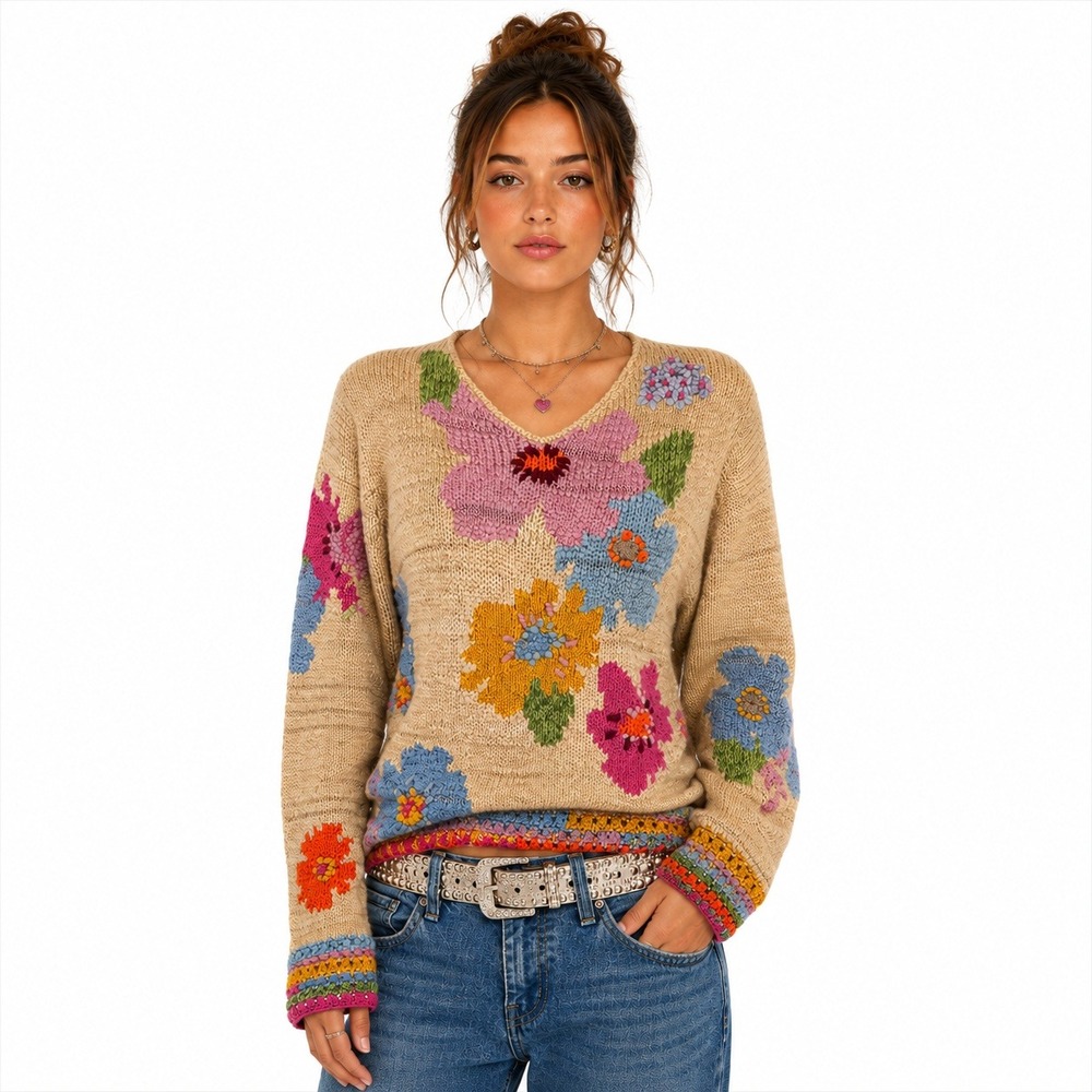 Susan Bristol Women's Floral Sweater Multi Color Embroidered Wool Blend Medium